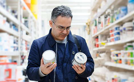 Man examining different new paint cans in store aisle.