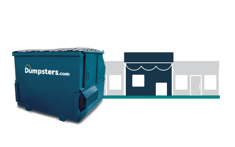 A Blue Front Load Dumpster and a Graphic of Retail Buildings