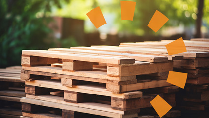 A stack of wood pallets outside with the Dumpsters.com orange, radial arc overlaying the image.