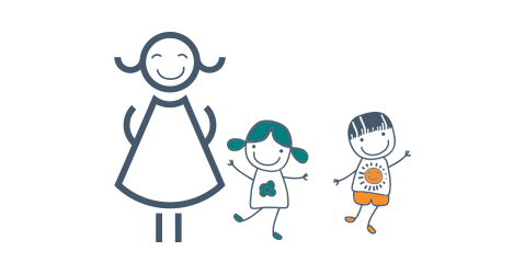 Illustration of young boy and girl playing next to smiling babysitter.
