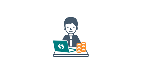 Illustration of bank teller with laptop and coins stacked.