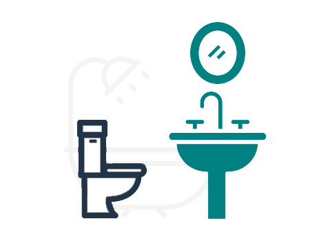 Illustration of guest bathroom fixtures including the toilet, shower and a pedestal sink.