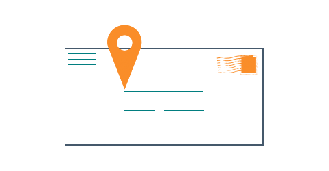 Illustration of envelope with location pin drop on mailing address line.