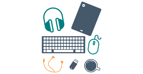 Illustrations of computer accessories to be packed including keyboard, headphones, flash drive, tablet and computer mouse.