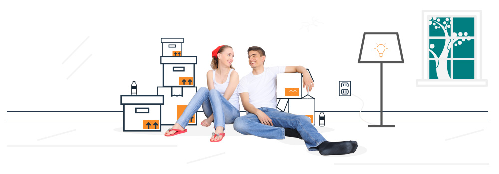 Couple sitting in new home surrounded by illustrations of unpacked boxes and furniture.