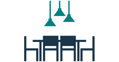Illustration of dining room table and chairs with hanging overhead lighting.