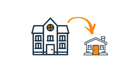 Line art of a big home next to a smaller home with an arrow visualizing the downsizing process.