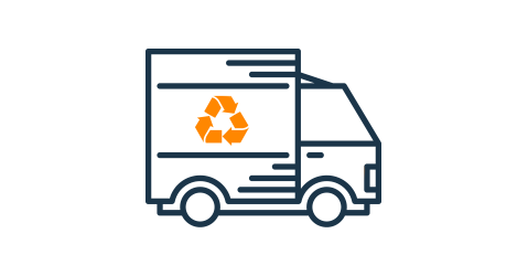 Line art moving truck with recycling icon on the side.