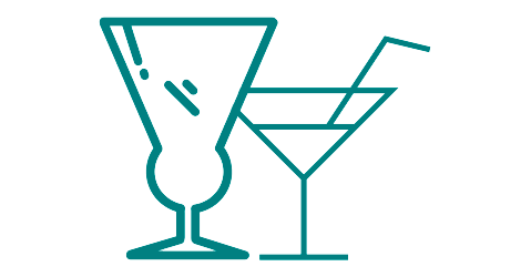 Illustration of glassware items including cocktail glass and martini glass.