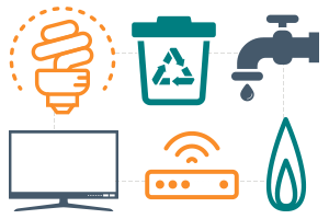 Illustration with icons for basic utilities including electricity, trash pickup, water, cable, internet and gas.