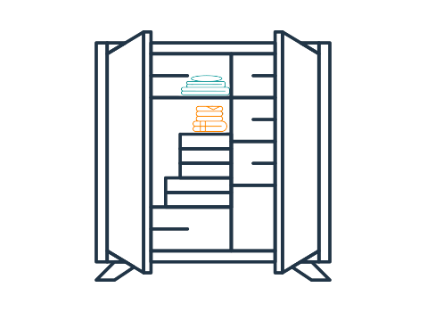 Illustration of linen closet with built-in drawer space and folded sheets and towels on shelves.