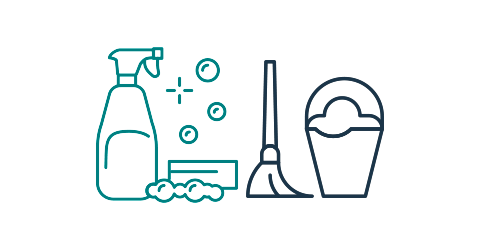 Line art of cleaning supplies including spray bottle, bubbly soap, broom and waste bin.