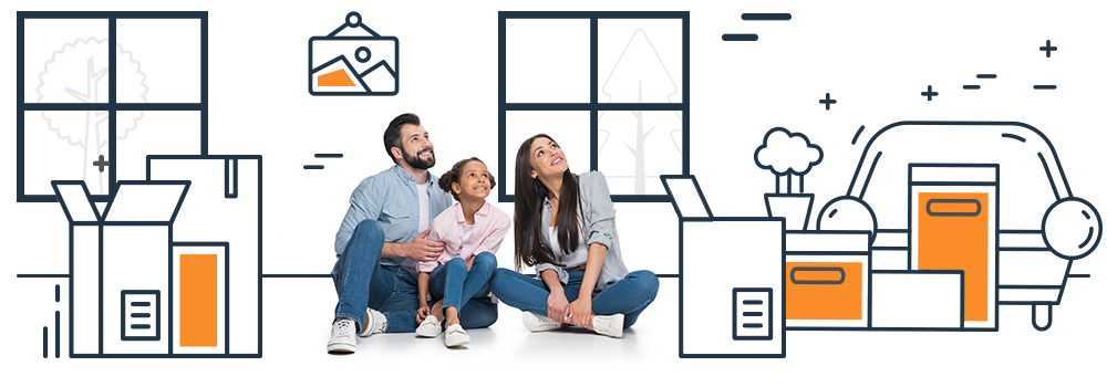 Family of 3 sitting in their home packed up with line art boxes and furniture.