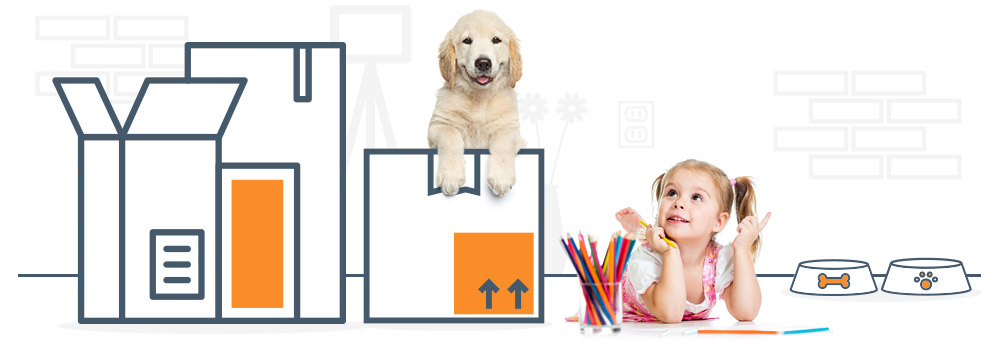 Young girl with pig tails and Labrador puppy alongside an illustration of moving boxes, pet bowls and coloring supplies.