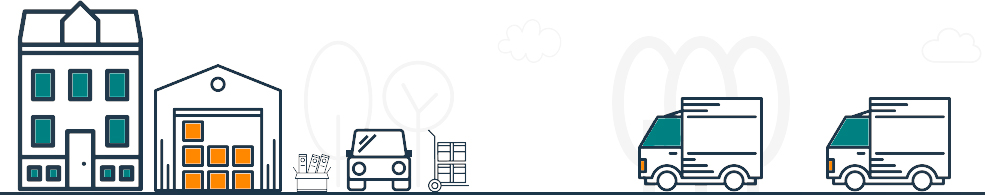 Illustration of two moving vans driving toward a house and garage packed with boxes ready to move.