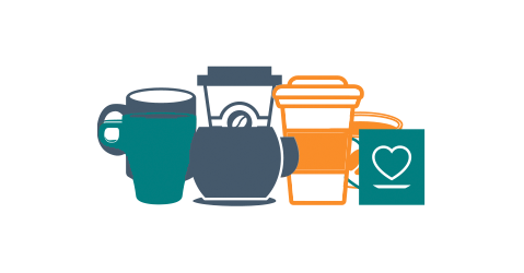 Illustration of various types of coffee cups and travel mugs to be packed together for easy moving.