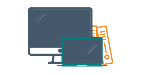 Illustration of electronics to be packed including computer monitor, laptop and hard drives.