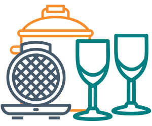 Illustration of fragile kitchen items to be packed including glassware, waffle maker and large pot.