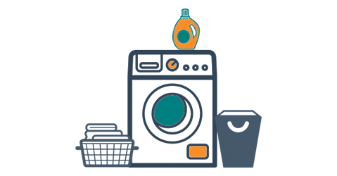 Illustration of washing machine with laundry detergent and clothing baskets to be moved to new home.