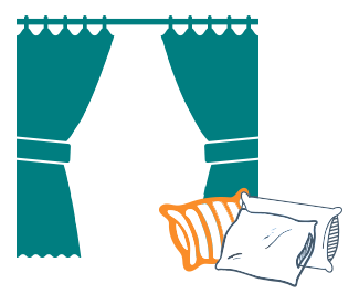 Illustration of curtains hanging on rod over a window with three pillows in the foreground.