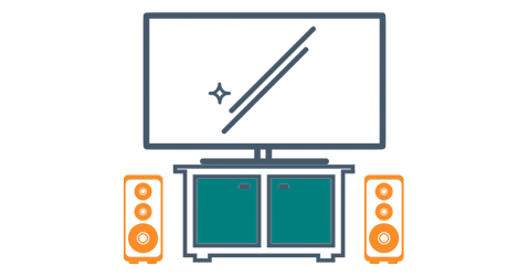 Illustration of large flat screen television, surround sound speakers and media table to be packed and moved.