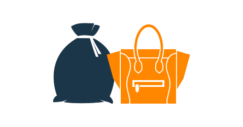 Illustration of trash bag next to tote full of unneeded items that can be purged before the move.