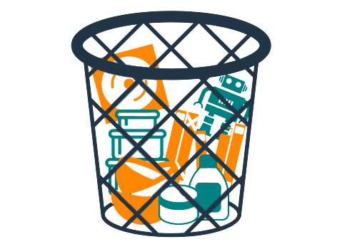 Illustration of trash bag next to tote full of unneeded items that can be purged before the move.