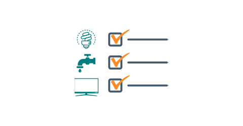 Illustration of utility checklist with icons for electricity, water and cable.