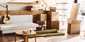 room filled with boxes and clutter