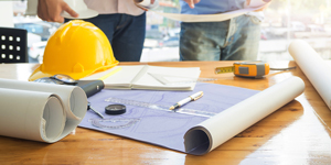 Construction project plans on a table with tools and a hard hat
