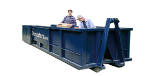 Two men loading a dumpsters.com roll off