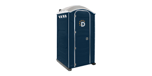 Dumpsters.com navy blue porta potty with radial D logo.