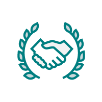 Two cartoons hands shaking between a wreath of laurel.