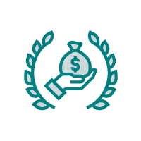 A hand holding up a bag of money inside a wreath of laurel.