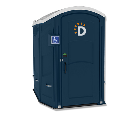 A navy blue ADA-compliant portable restroom with a white top.