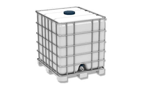 White freshwater holding tank with a gridded metal case.