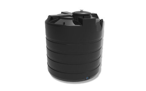 Black, cylindrical gray water holding tank. 