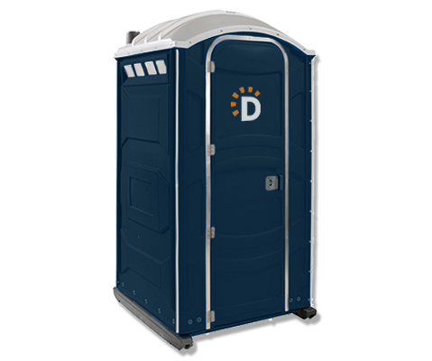 A standard portable restroom in navy with a white top.