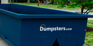 A blue dumpster with a dumpsters.com logo. 