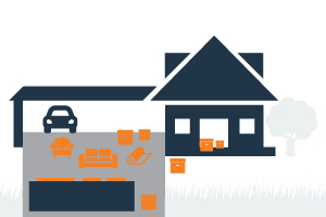 graphic of a house with an open garage and junk around a dumpster