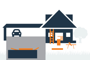 graphic of a house with a dumpster ladder and building materials nearby