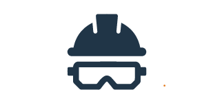 Dark blue, cartoon icon of a hard hat on top of safety goggles.