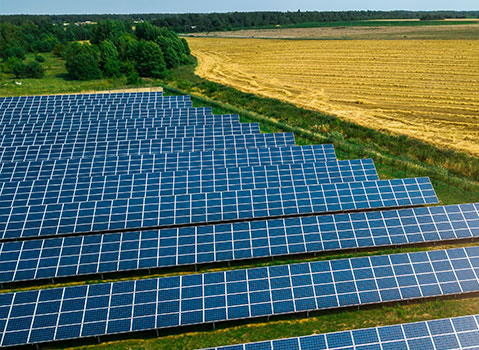 An aerial view of a solar farm.