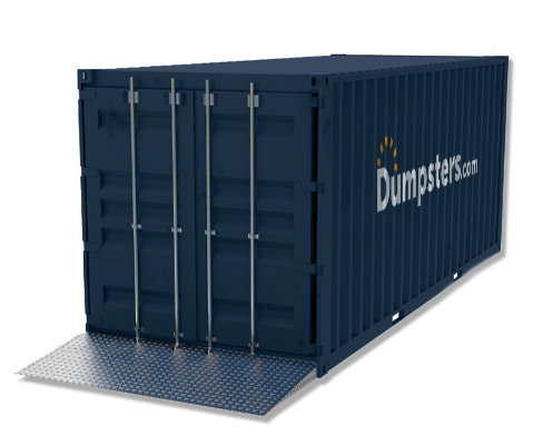 A Dumpsters.com storage container with its ramp extended.
