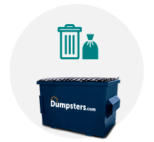 commercial dumpster with an icon of trash can and garbage bag