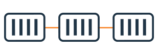 Icon with three roll off dumpsters connected by orange lines.