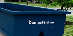 Close Up of Roll Off Dumpster With Dumpsters.com Logo.