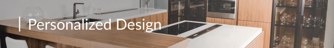 A kitchen with asymmetrical layout and displayed wine glasses