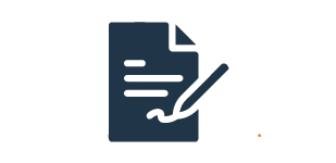 Dark blue, cartoon icon of an earmarked piece of paper being signed by a pen.
