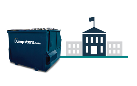 a blue front load dumpster near a graphic of a school building